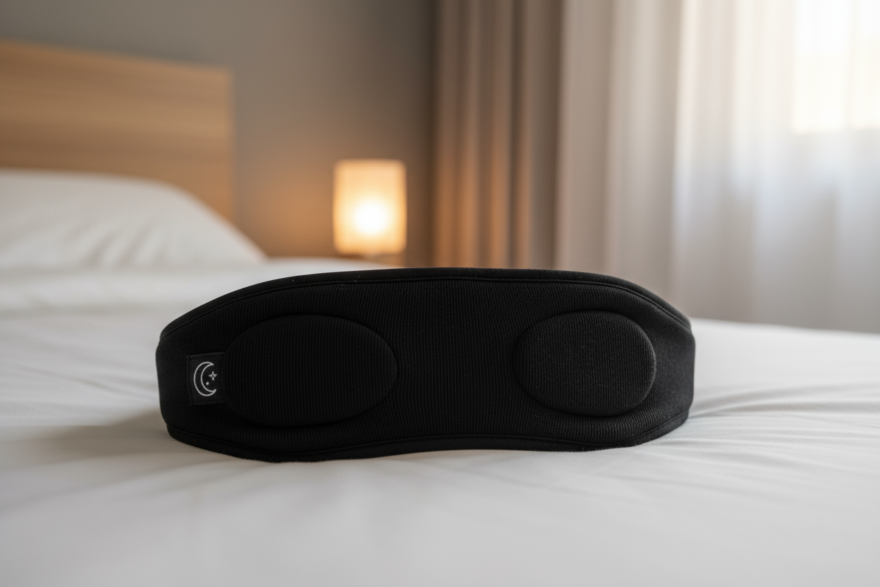 casque anti-bruit pour dormir noir sur un lit