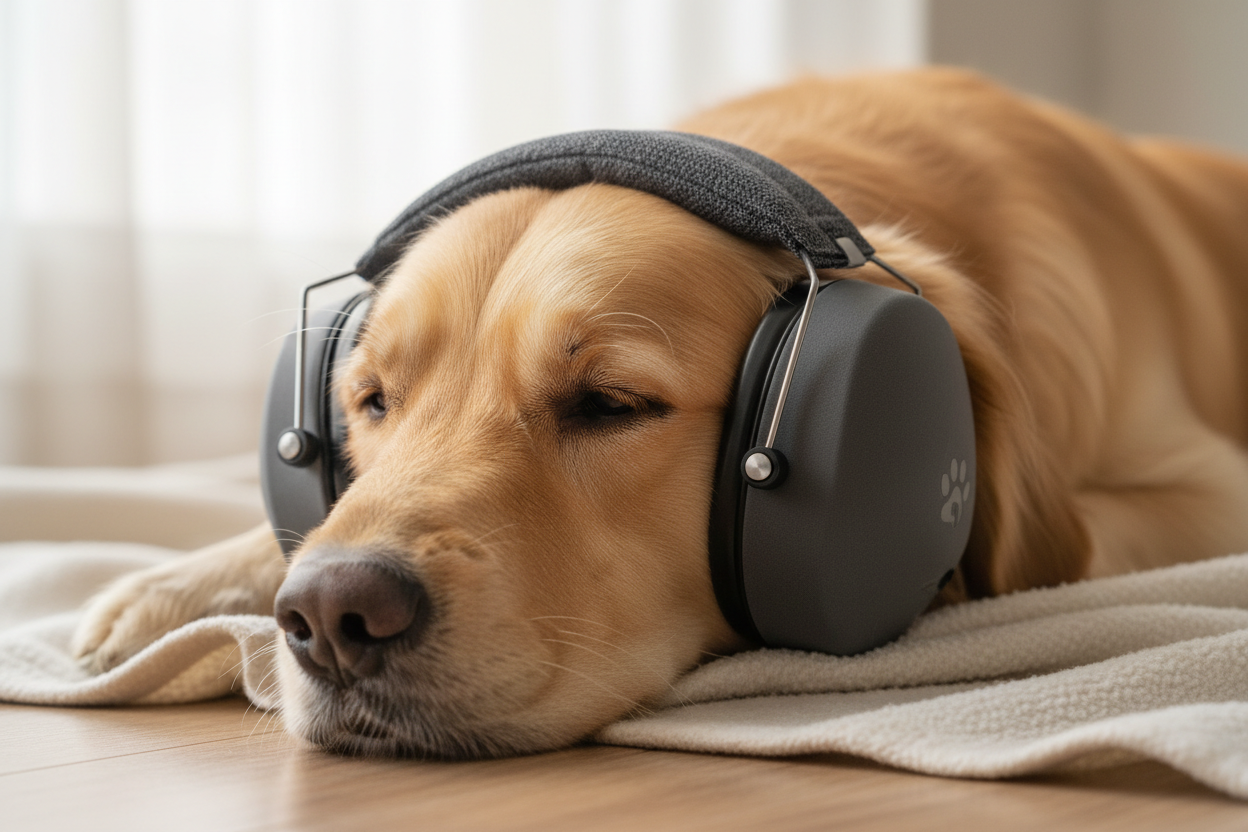 casque anti-bruit gris sur chien blanc Image