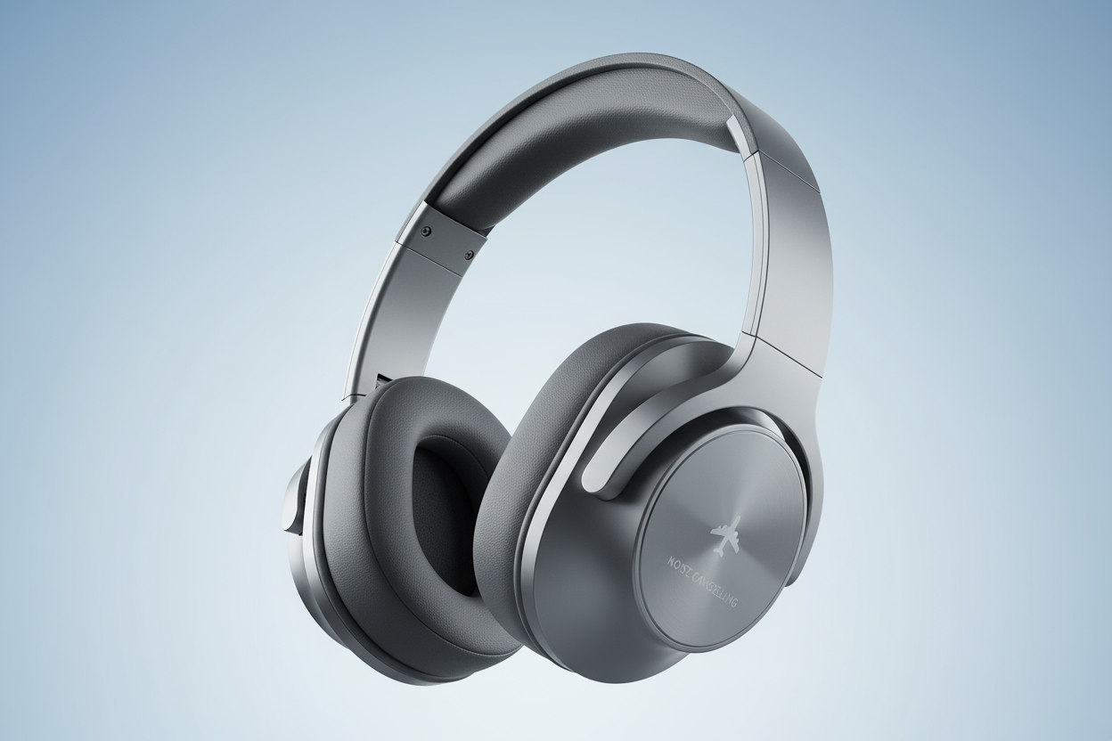 casque anti-bruit pour transport sur fond bleu clair Image