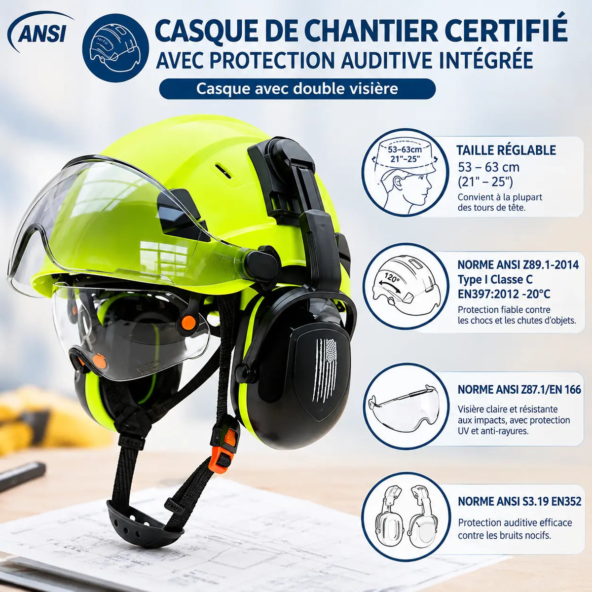 Casque de chantier avec visière et casque antibruit